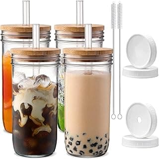 DWTS DANWEITESI Glass Cups with Lids and Straws,24 oz Smoothie Cup with Lid and Straw-Boba Mason Jar,Matcha Cup Wide Mouth Reusable Drinkin...