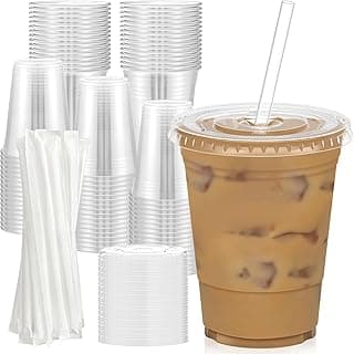 Dealusy 100 Pack - 16 oz Clear Plastic Cups with Lids and Straws, Sturdy & Food Safe Iced Coffee Cups with lids, Disposable Plastic Smoothi...