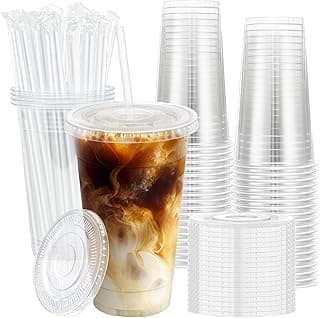 Lamosi 100 Pack 20 oz Clear Plastic Cups with Lids and Straws, Disposable Iced Coffee Cups with Lids for To-Go Cold Drinks, Smoothies and S...