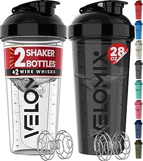 VELOMIX -2 Pack- 28 oz Protein Shaker Bottles for Protein Mixes - 2x Wire Whisk | Leak Proof Shaker Cups for Protein Shakes | Protein Shake...