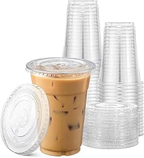 TashiBox Plastic Cups with Flat Lids 100 Sets 16 oz, Clear Crystal drink cups with lids