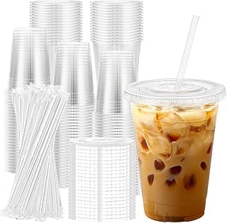 Lamosi 100 Pack 16 oz Clear Plastic Cups with Lids and Straws, Disposable Plastic Coffee Cups with Lids for Iced Coffee, Cold Beverages, Sm...