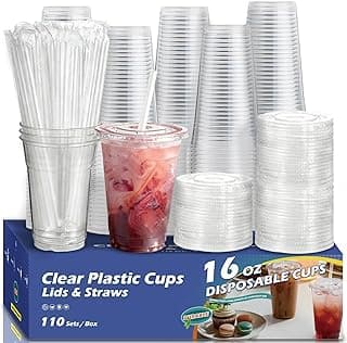 110 Pack Clear Plastic Cups with Lids and Straws, 16 oz Disposable Iced Coffee Cups To Go, BPA-Free Cold Drink Cups for Smoothie, Matcha, P...
