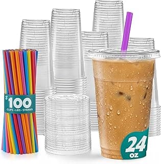 GUSTO [24 oz. - 100 Count Clear Cups with Flat Lids & Straws - Disposable Clear Drinking Cups for Iced Coffee, Cold Drinks, Milkshakes, and...